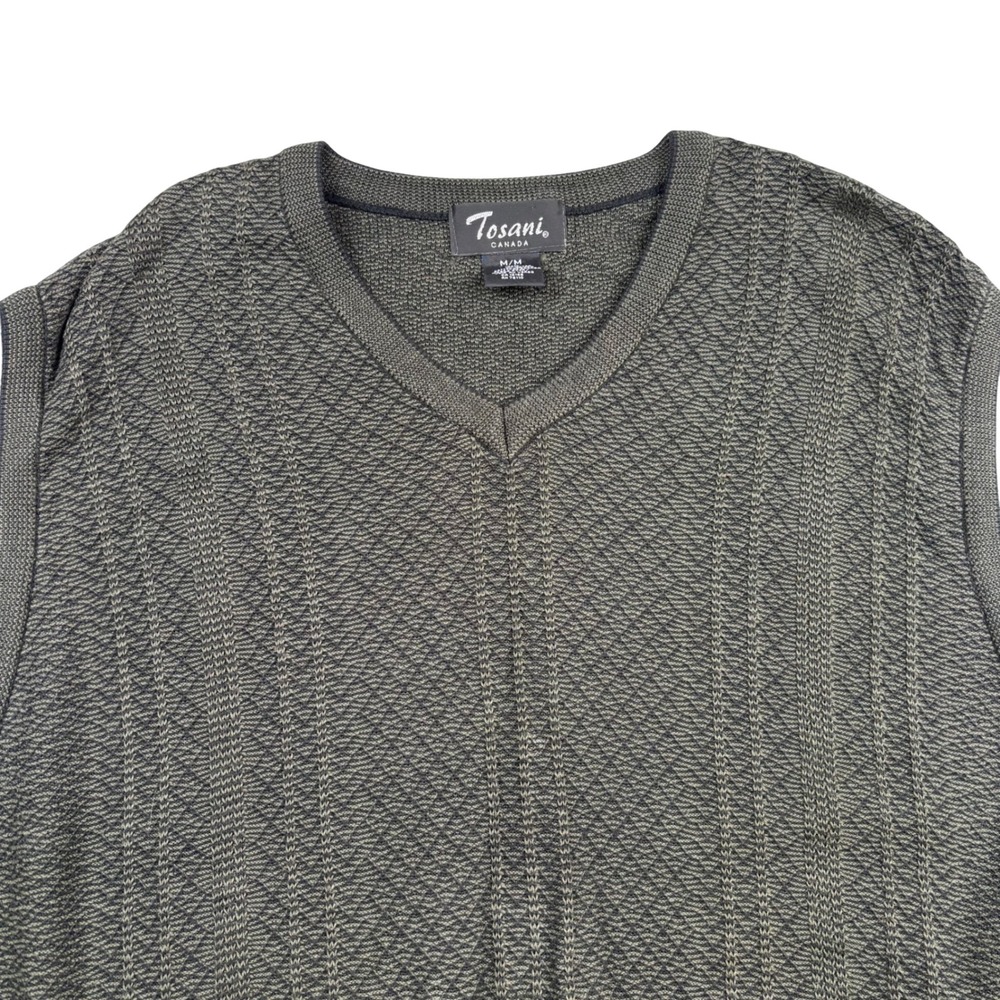 Tosani Canada Mens V-Neck Knit Sweater Vest Olive Green Textured Cotton Size M